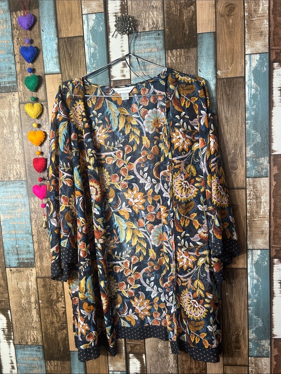 Christopher & Banks Tops - Christopher & Banks Navy Floral Open-Front Kimono with Mustard & Rust Accents